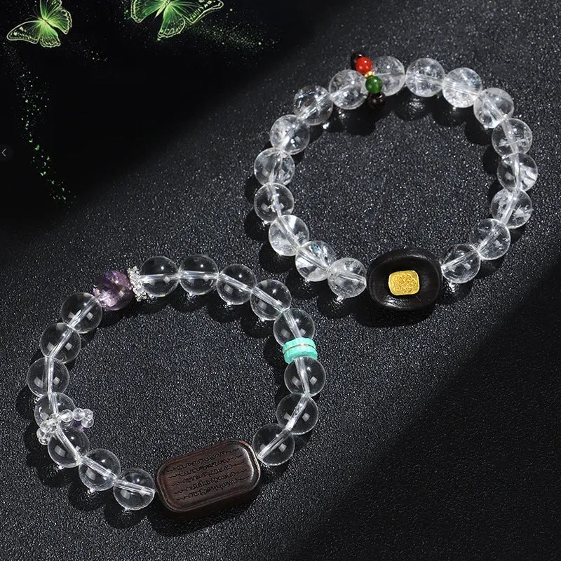 Handmade natural white crystal ebony five warp bracelet showing ethnic style design