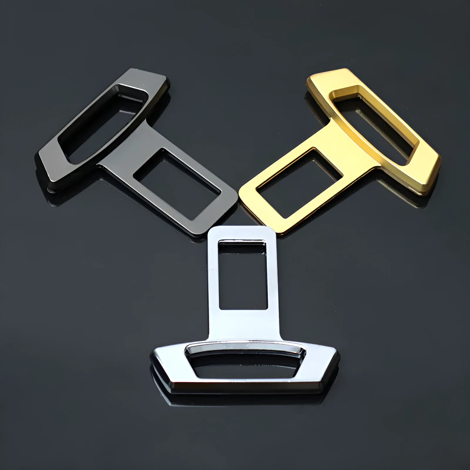 Metal car door handle silencer insert in matte black, gold, and silver finishes, showing 1mm thickness.