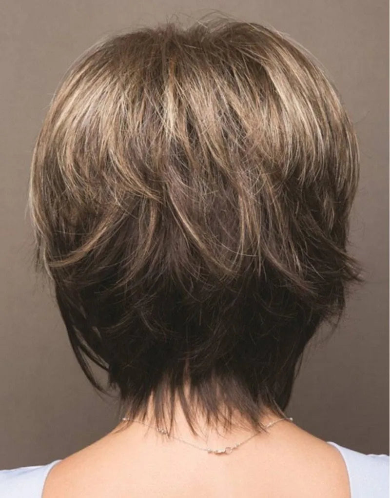 Mixed blonde brown short heat resistant synthetic wig on display