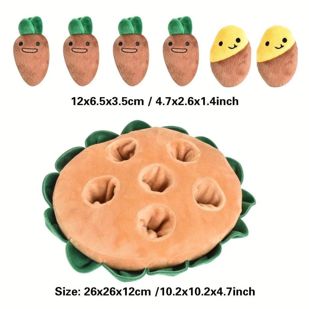 Yellow interactive dog puzzle toy pad with removable squeaky plush toys for foraging training