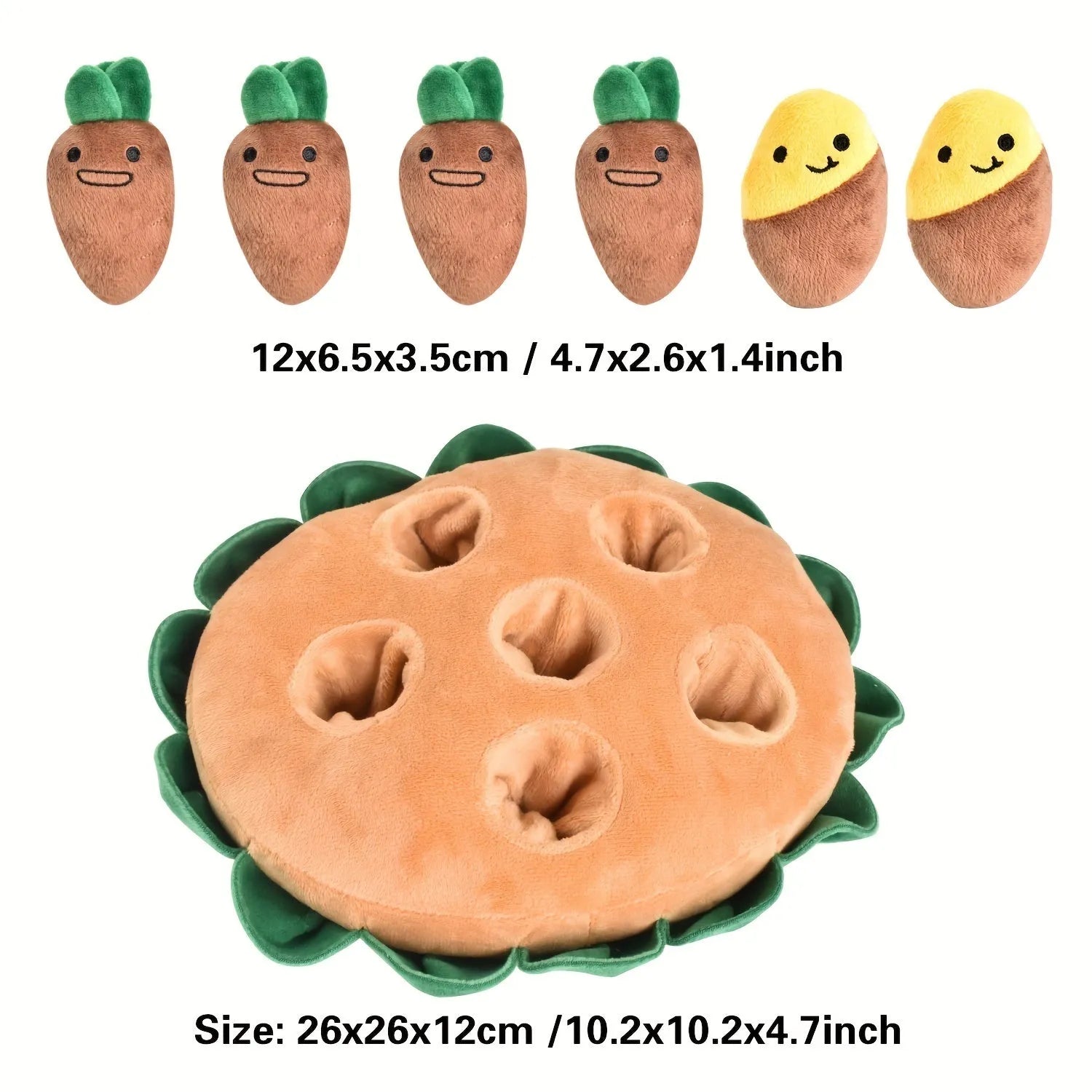 Yellow interactive dog puzzle toy pad with removable squeaky plush toys for foraging training