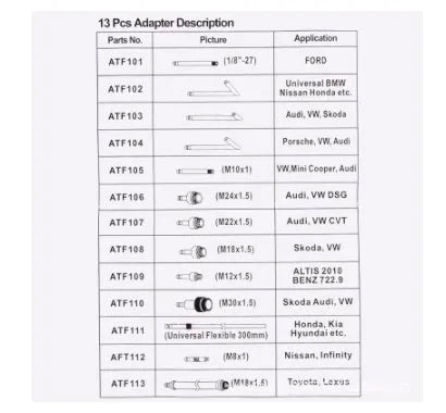 Transmission oil refuelling machine kit with thirteen adapters and injector tool for wave box connections