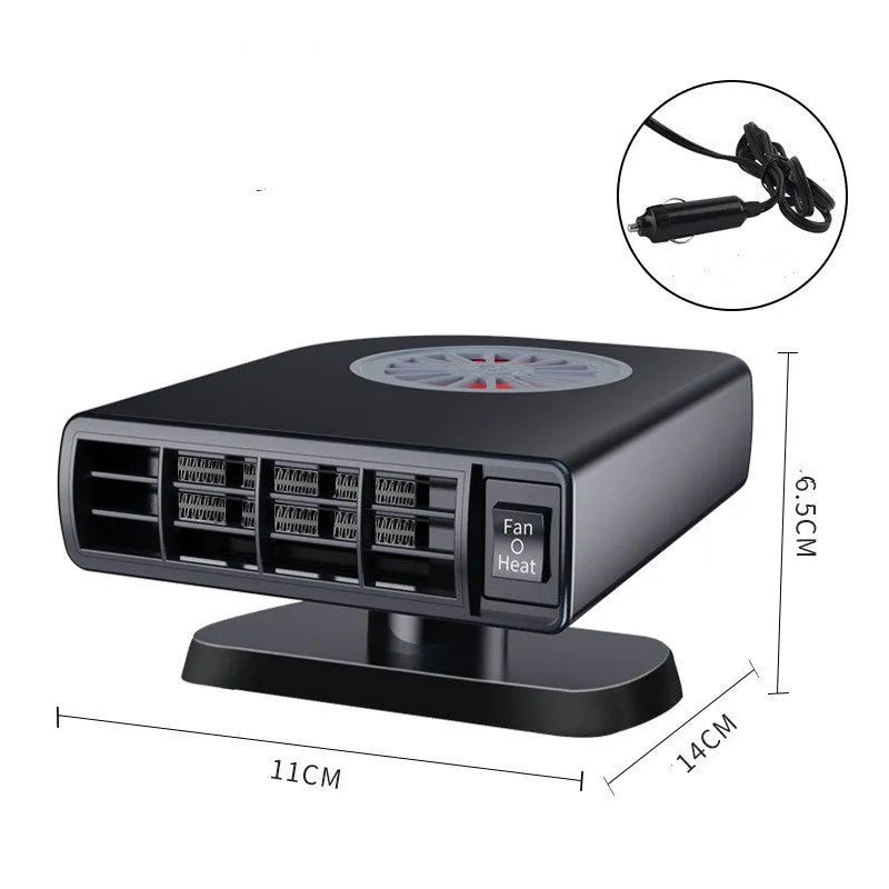 Black 12V vehicle-mounted heater with adjustable mount on a car dashboard.