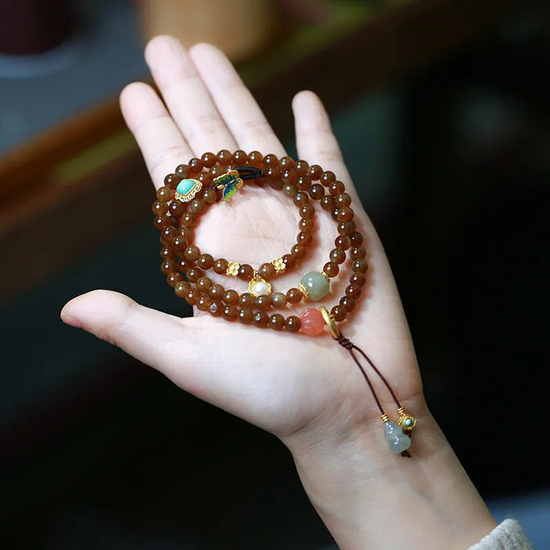 Brown jade Hetian jade three-ring geometric bracelet with silver-plated butterfly and gourd pearl accents