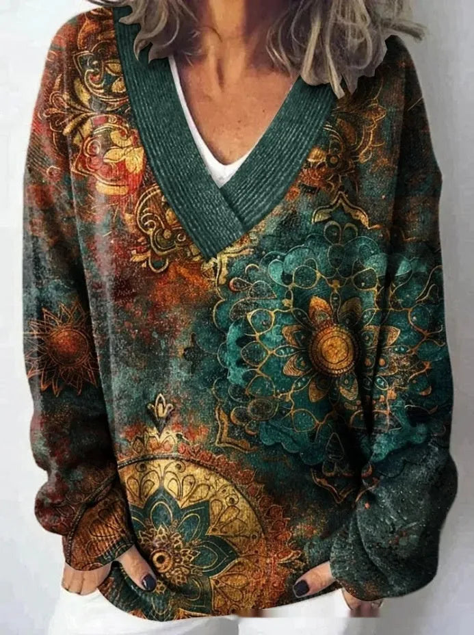 Women's floral pattern 3D printed V-neck sweatshirt with long sleeves