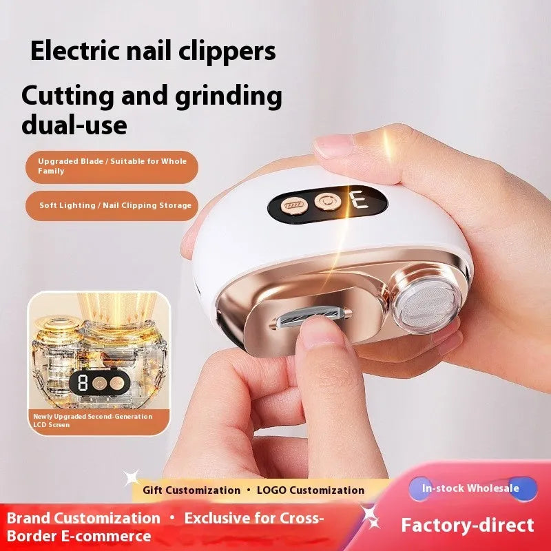 HZ-005 rechargeable electric nail clippers with anti-pinch cutting and grinding, white plastic body, on neutral background
