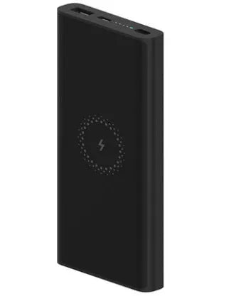 White 10000mAh power bank showing USB Type-C port, USB output, and wireless charging symbol.