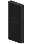 White 10000mAh power bank showing USB Type-C port, USB output, and wireless charging symbol.