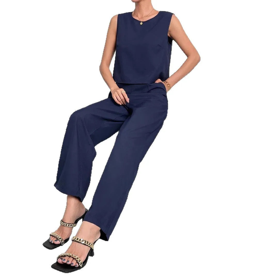 Red sleeveless top and wide leg trousers two-piece set on Asian model