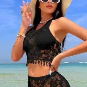 Women's white lace bikini top with black tassel cover-up skirt two-piece swimsuit set