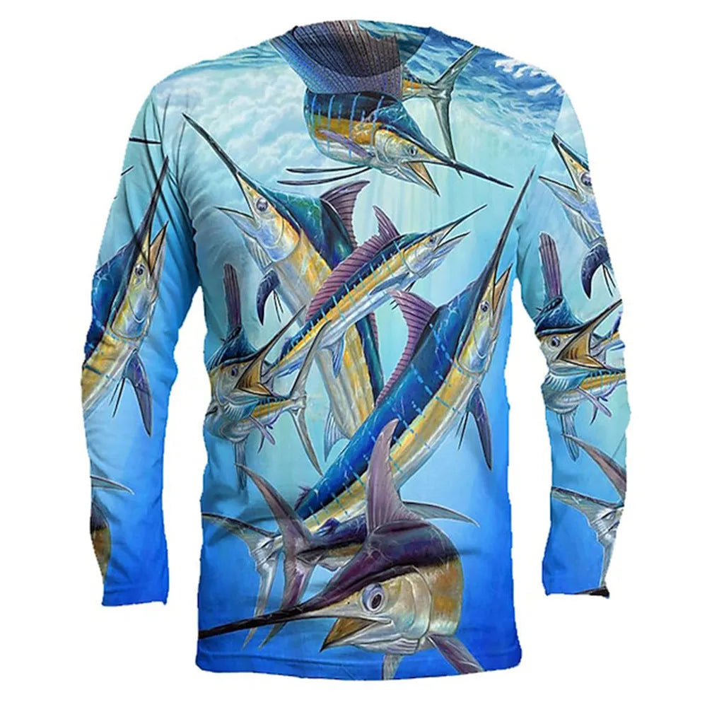 Men's grey pullover with a blue fish print design, showing round neck and long sleeves.