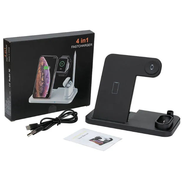 White 4-in-1 wireless charging station with phone on adjustable stand, Apple Watch, AirPods and Apple Pencil charging.