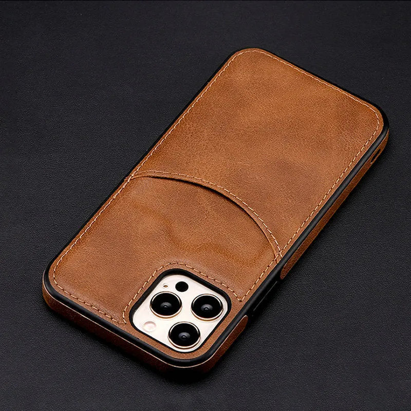 Dark blue PU leather protective case for an iPhone, shown from the back.