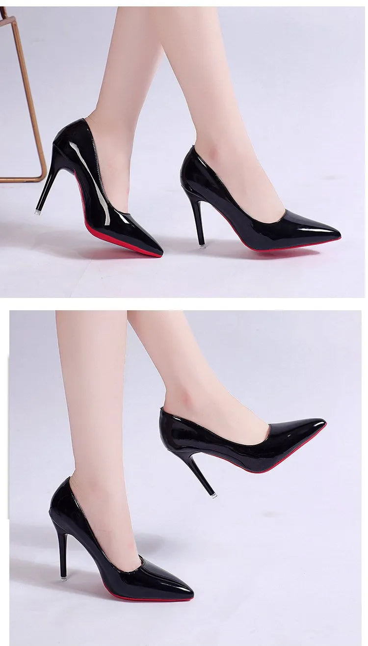 Women's solid colour pointed-toe pumps with a stiletto heel and shallow-mouth design.