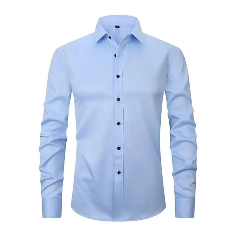Men's stretch polyester long sleeve work shirt in multiple colours with button-front and crew neck design