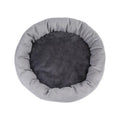 Light grey cloth dog bed with soft PP cotton filling, shown in size L (46cm diameter) on a wooden floor.