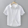 Men's loose-fitting cotton cardigan-style summer shirt with short sleeves in light gray
