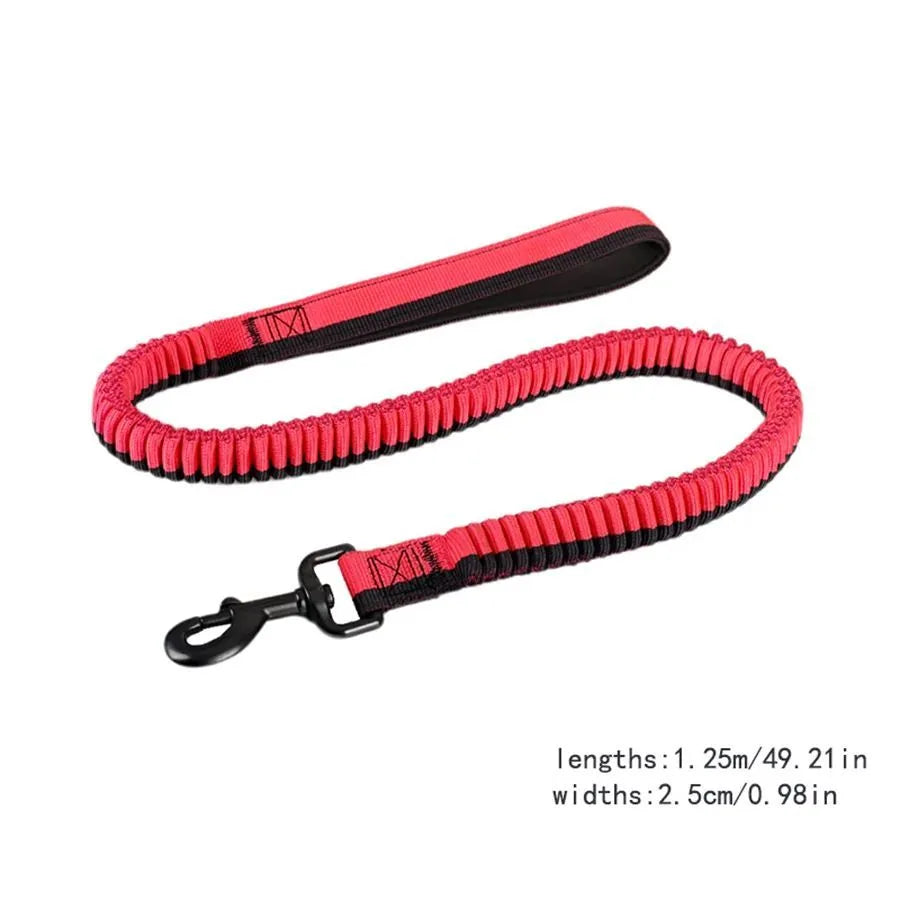 Tactical elastic dog training leash with zinc alloy clip in red colour for medium and large breeds