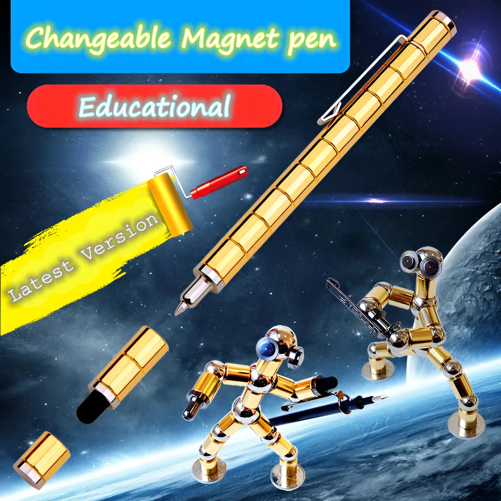 Magnetic modular pen set in silver iron box with 13 rings, 12 balls, 3 refills, 2 capacitor heads, and upgraded magnets