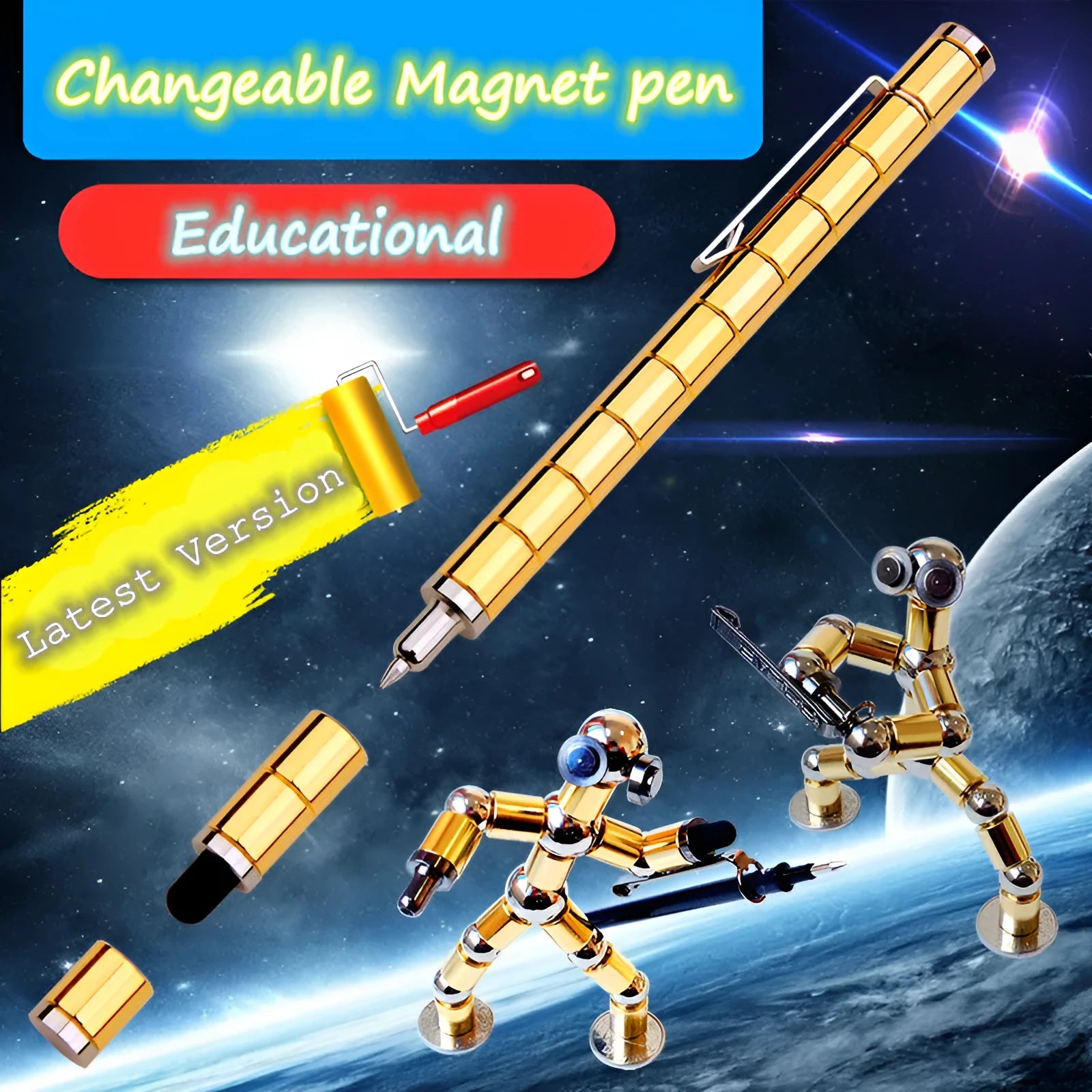 Magnetic modular pen set in silver iron box with 13 rings, 12 balls, 3 refills, 2 capacitor heads, and upgraded magnets