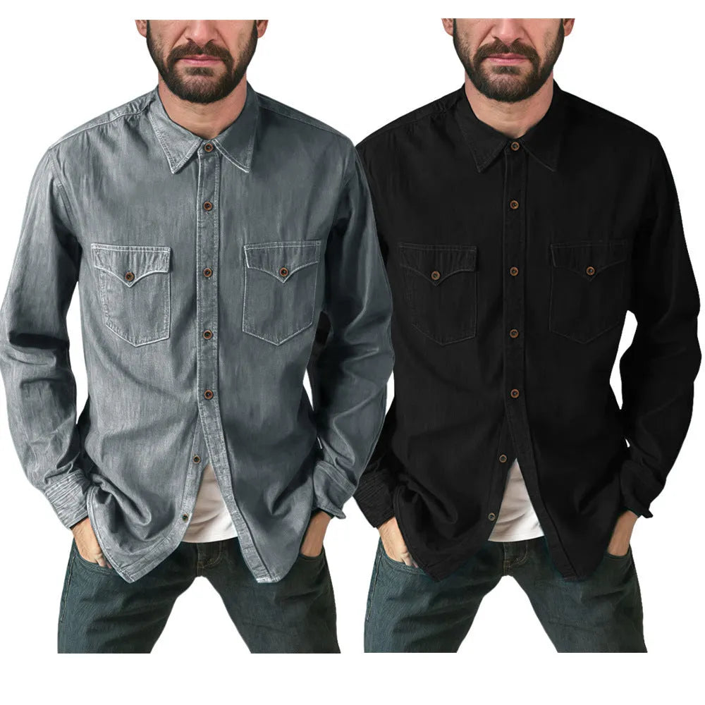 A khaki-coloured cotton denim cardigan coat with long sleeves on a hanger.