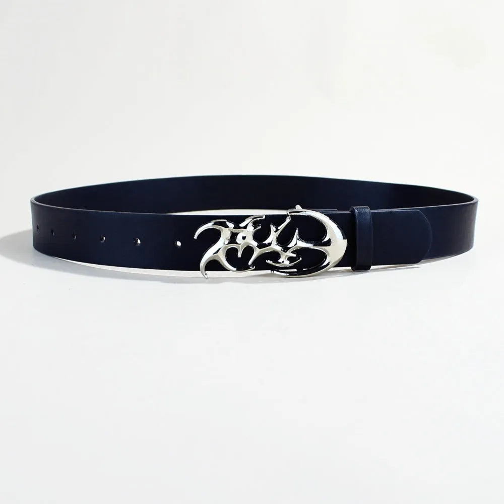 Silver buckle PU leather belt with snap button closure, 105cm length