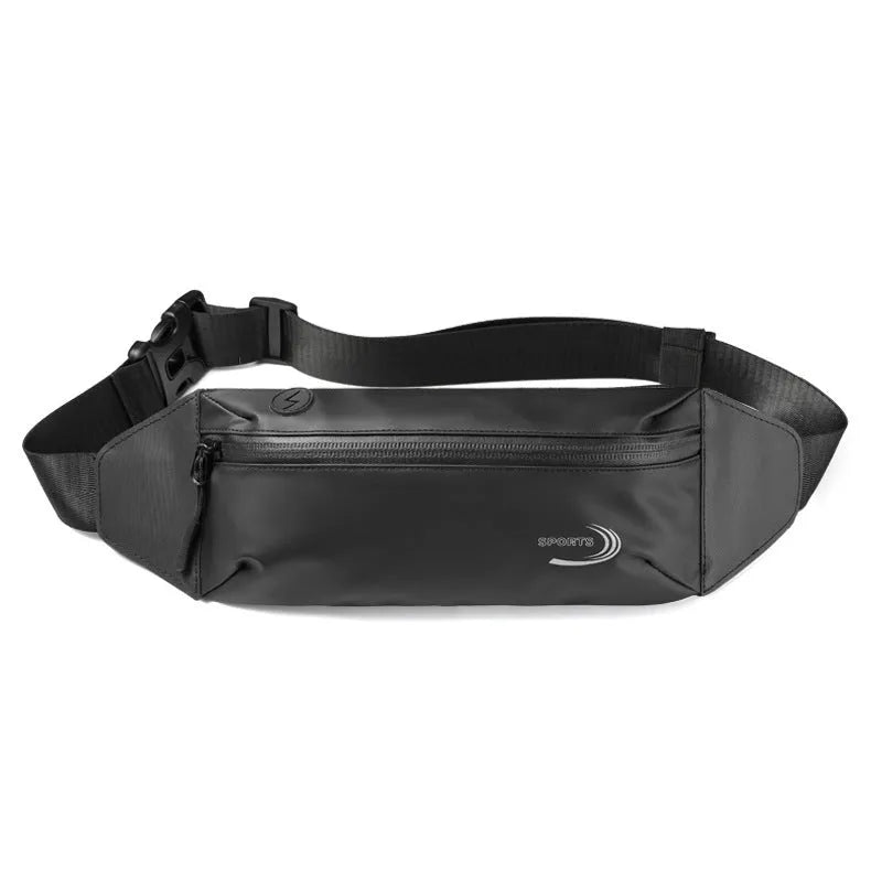 Men's solid-colour waterproof waist bag in blue, shown with dimensions for sports use.