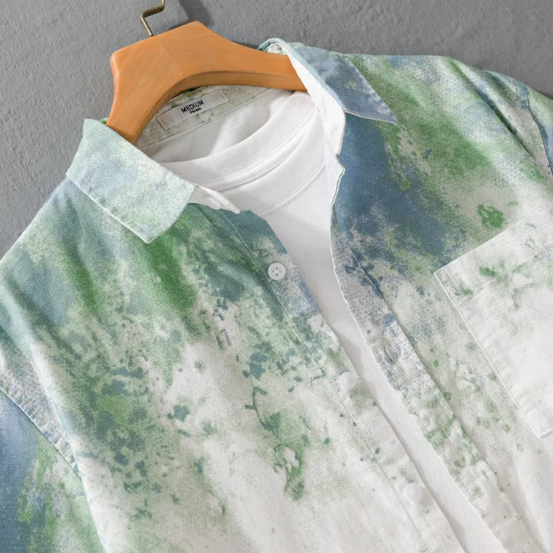 Men's loose-fit grey short-sleeved cotton shirt on a hanger