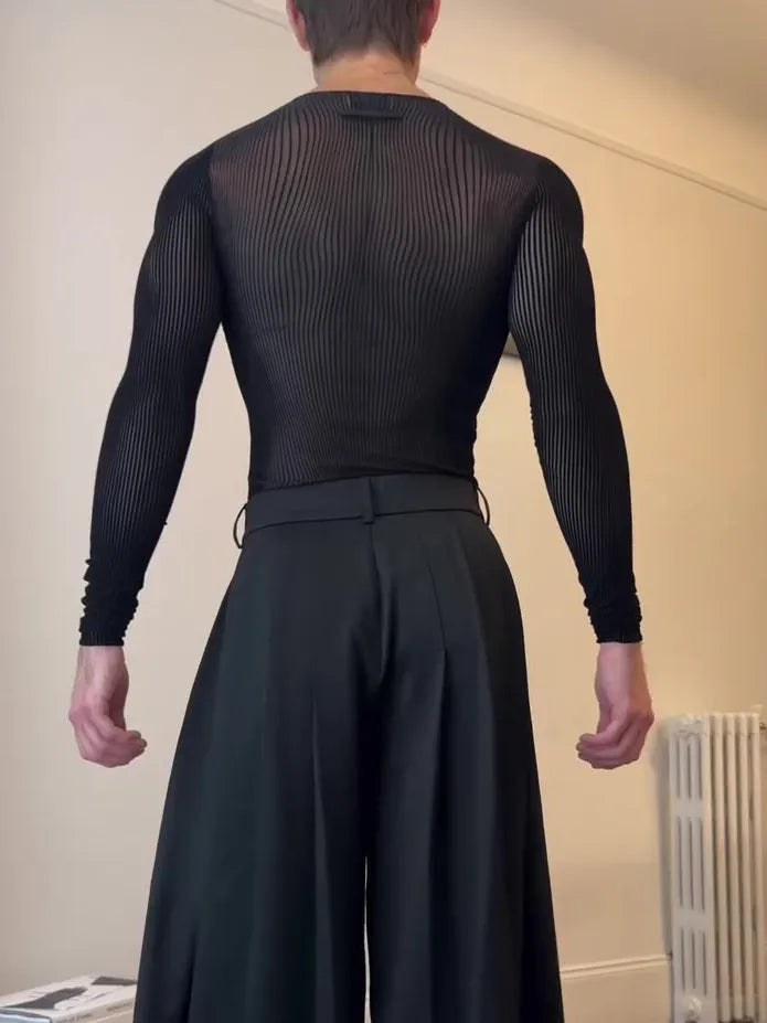 Black mesh long-sleeve top with sheer striped design on a model, regular fit, polyester fabric