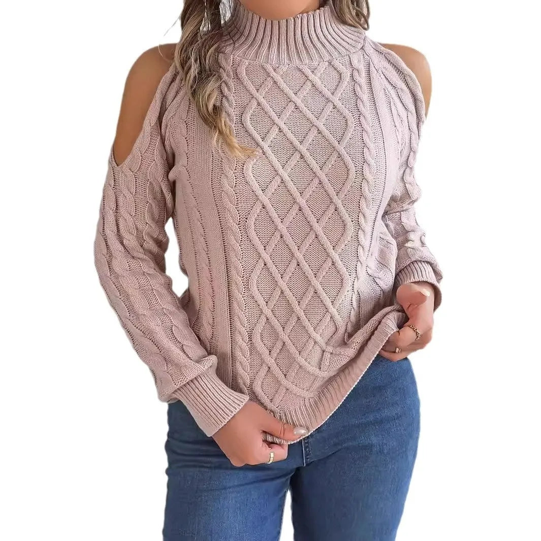 Women's casual acrylic sweater with twisted pattern and strapless half-high collar