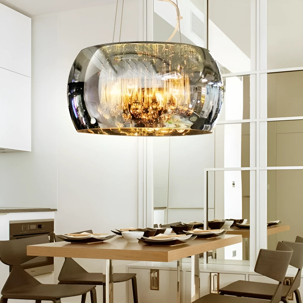 Modern minimalist LED ceiling chandelier with smoky gray glass cover for living room dining room