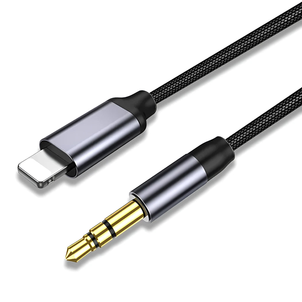 Silver nylon-braided 3.5mm audio cable with connectors on a plain background.