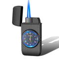 Metal multifunctional electronic lighter with watch display, wind-resistant flame and LED lighting in various colour finishes
