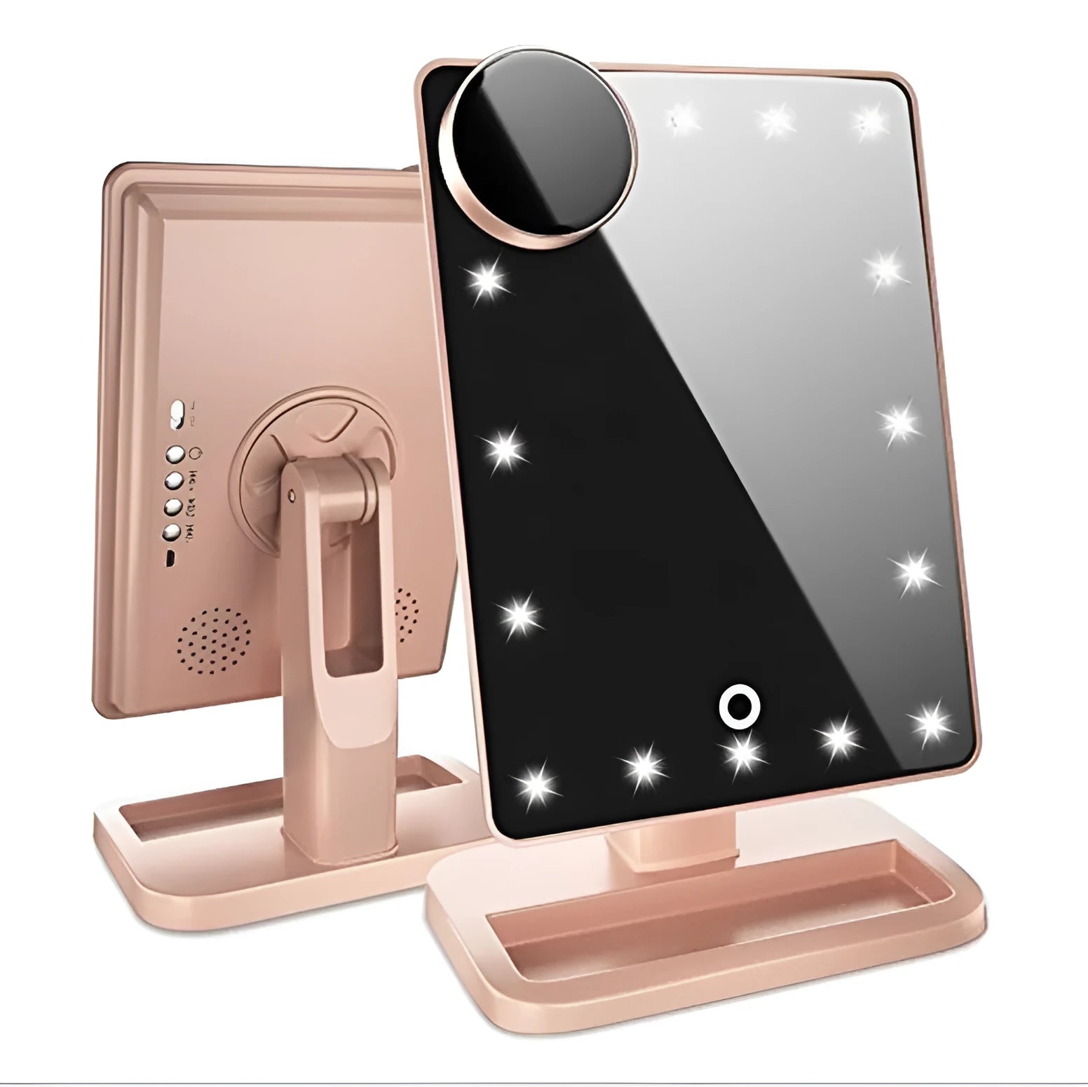 Pink touch screen makeup mirror with ring of LED lights, Bluetooth speaker, and a 10x magnifying section.