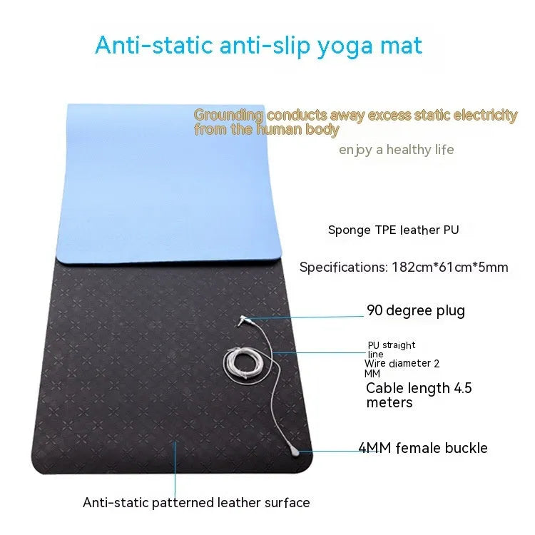 Blue conductive grounding yoga mat with plant pattern and integrated wire, measuring 182cm long.