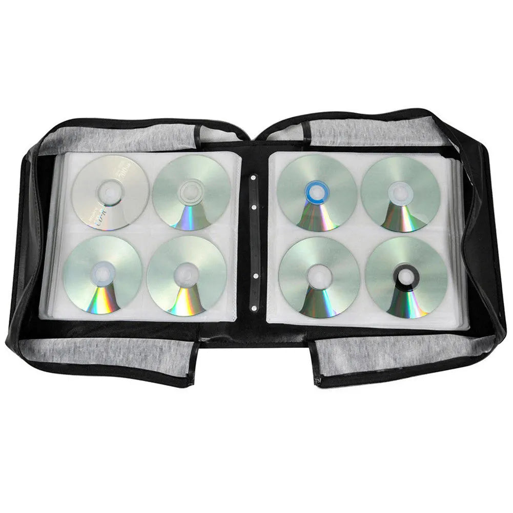 Black Oxford cloth CD DVD storage binder with zipper and top carry strap