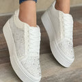 Plus size women's black lace-up casual shoes with rhinestone details and a thick rubber sole.