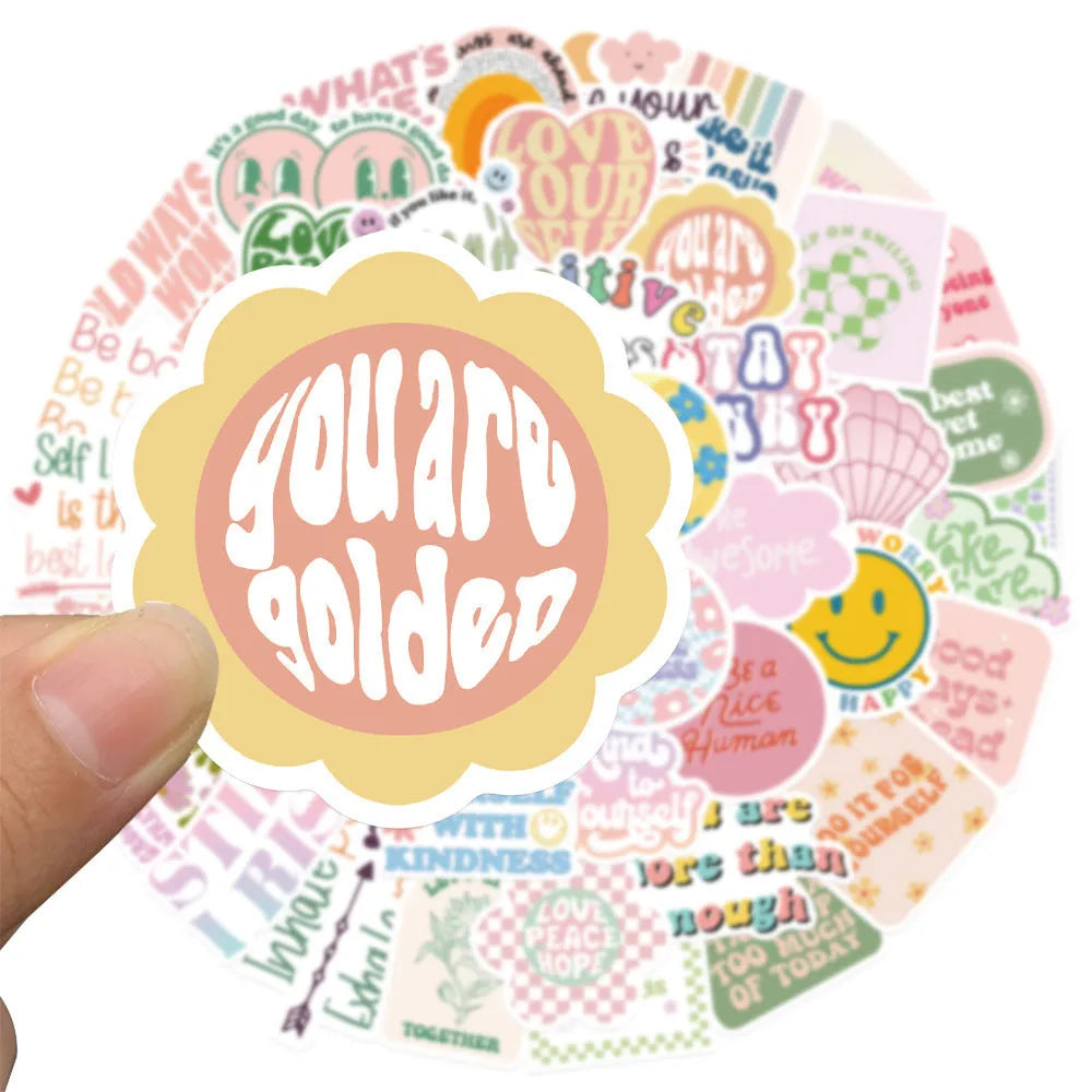 Pack of 50 pink graffiti-style motivational statement stickers for laptop and luggage decoration