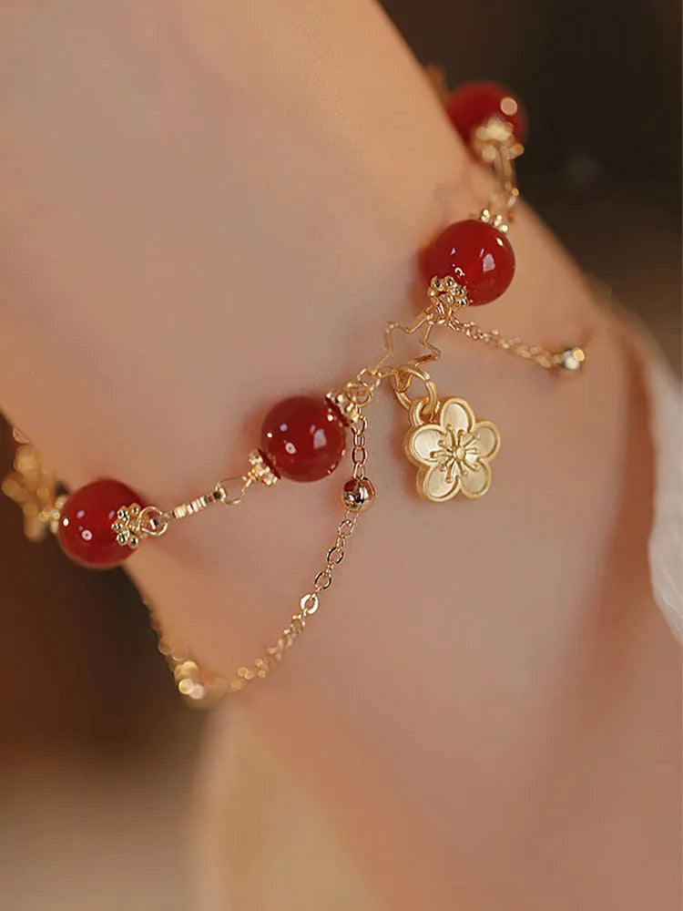 Red agate double layer women's bracelet with floral peach blossom ethnic design