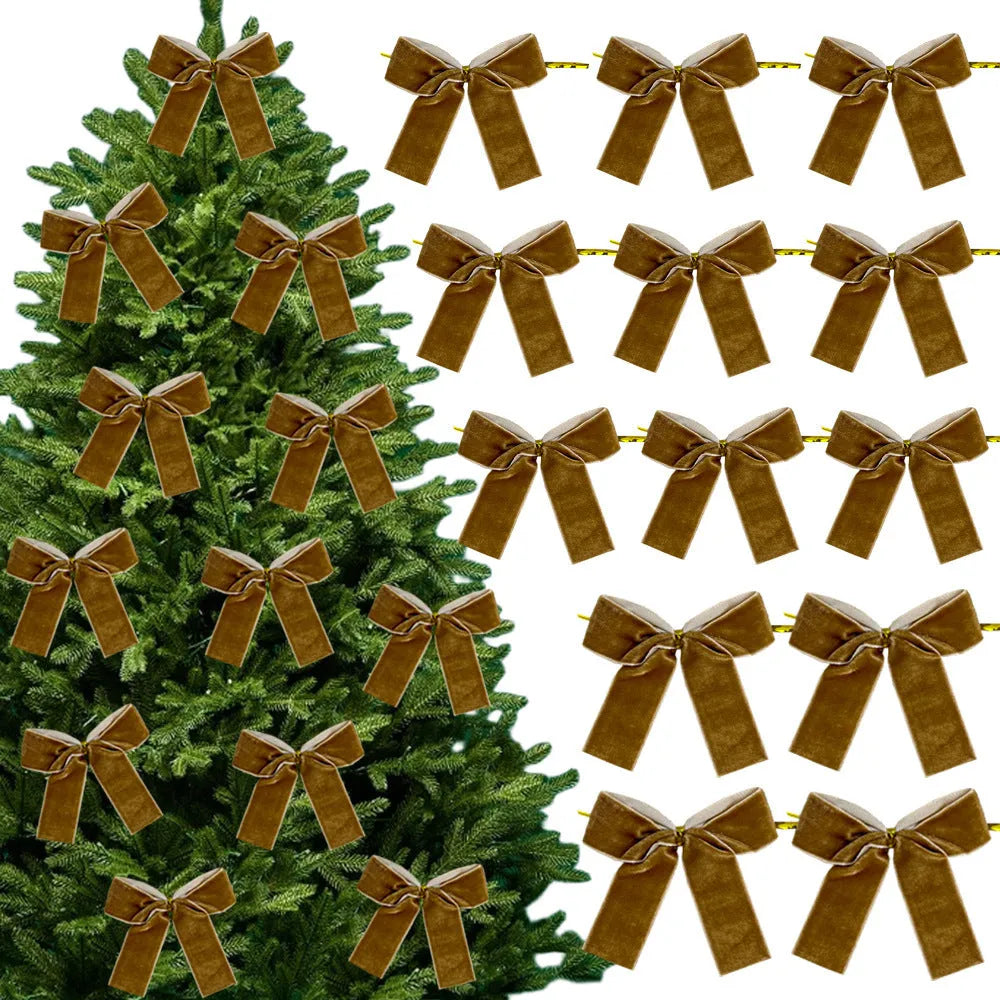Set of 12 handmade velvet Christmas tree bows in tie-style design, available in multiple colours