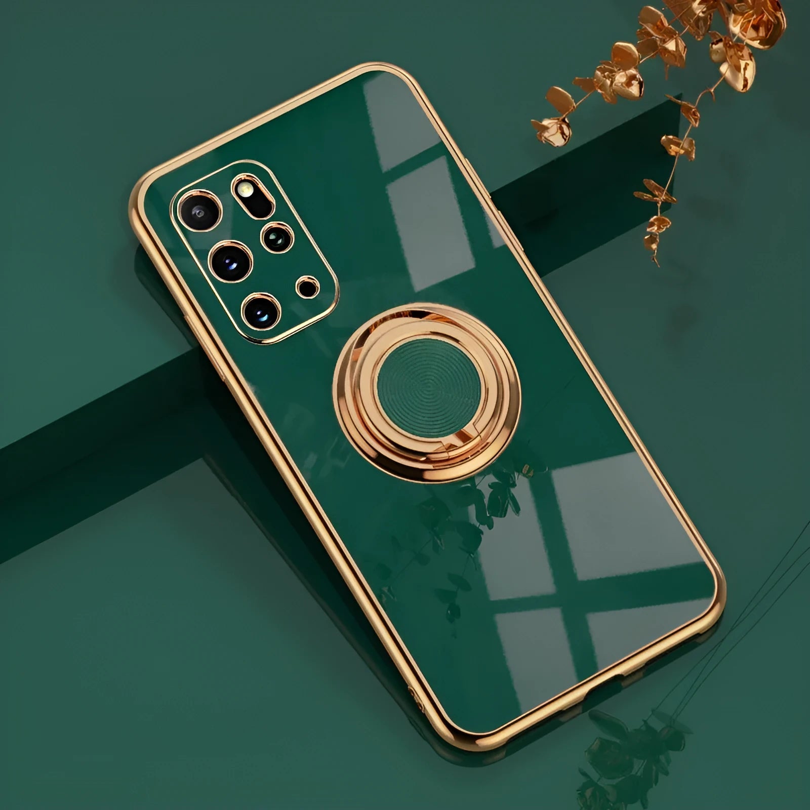 Ring buckle magnetic 6D plating phone case for Samsung Galaxy in black, showing back with metal finish and ring