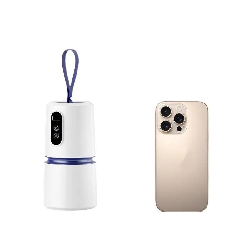 White cylindrical mini household air dryer with PTC heating, 85x85x166mm, includes drying bag