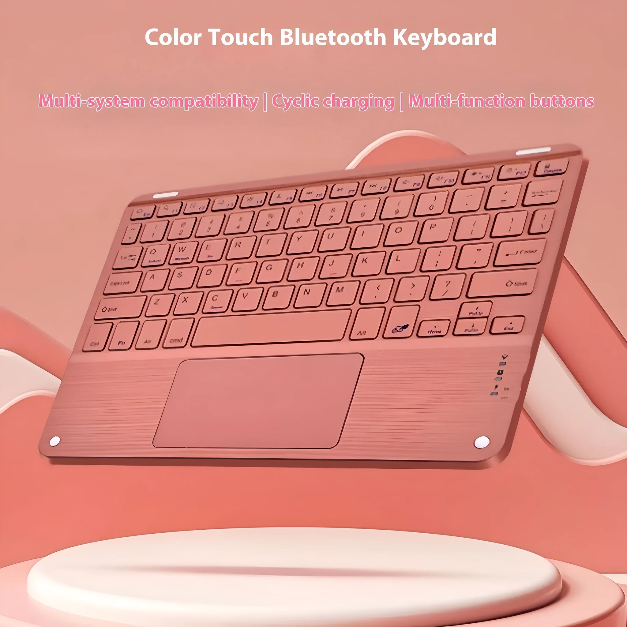 Square hat touch design Bluetooth wireless keyboard shown in multiple colour options on a desk.