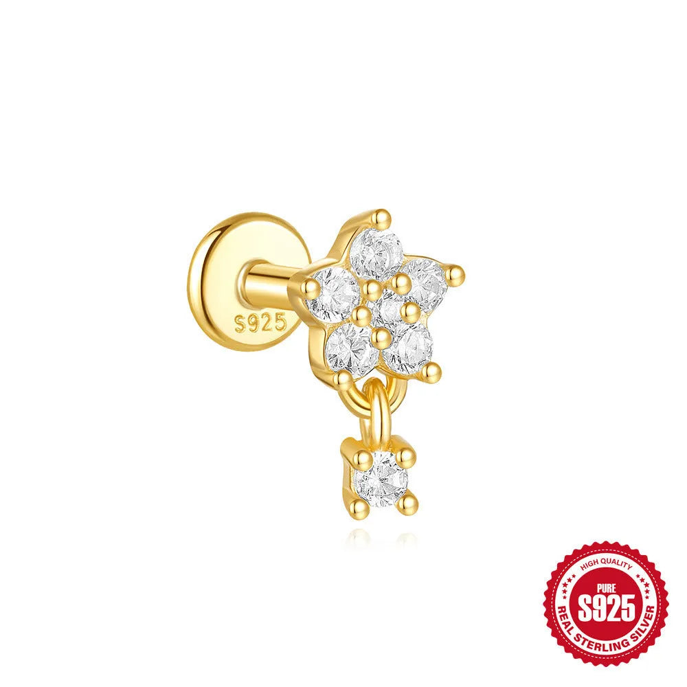 Geometric S925 sterling silver moon and star earrings with diamond embedded embellishment on a white background.