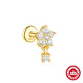 Geometric S925 sterling silver moon and star earrings with diamond embedded embellishment on a white background.