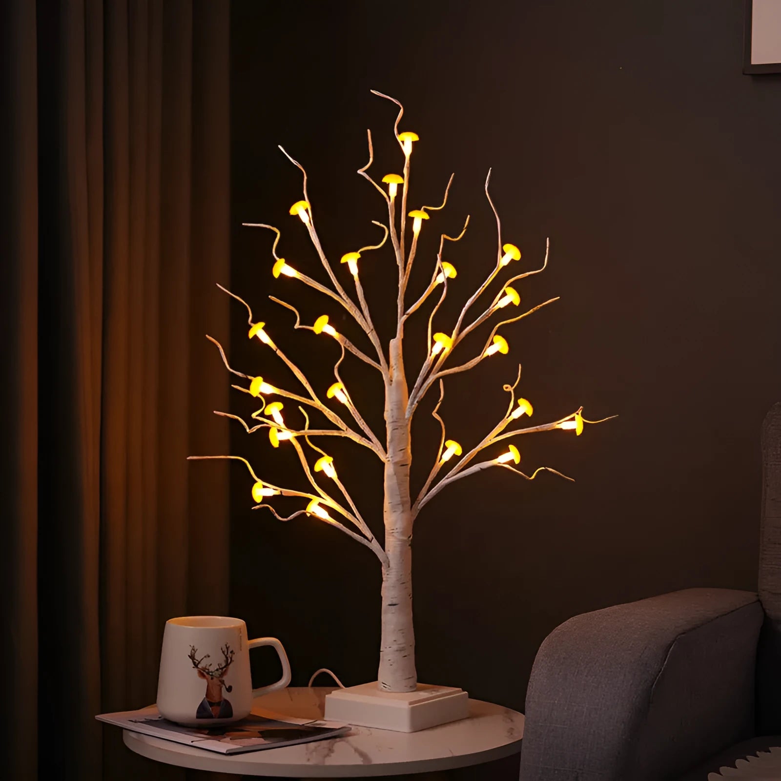 60cm tall white LED mushroom tree lamp with many small detachable mushroom flowers on a wooden table.