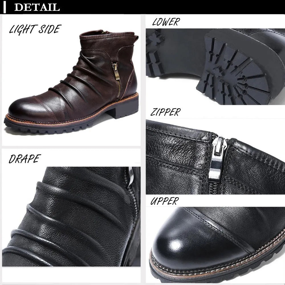 Men's black high-top cowboy boots with side zip and round toe on a plain background
