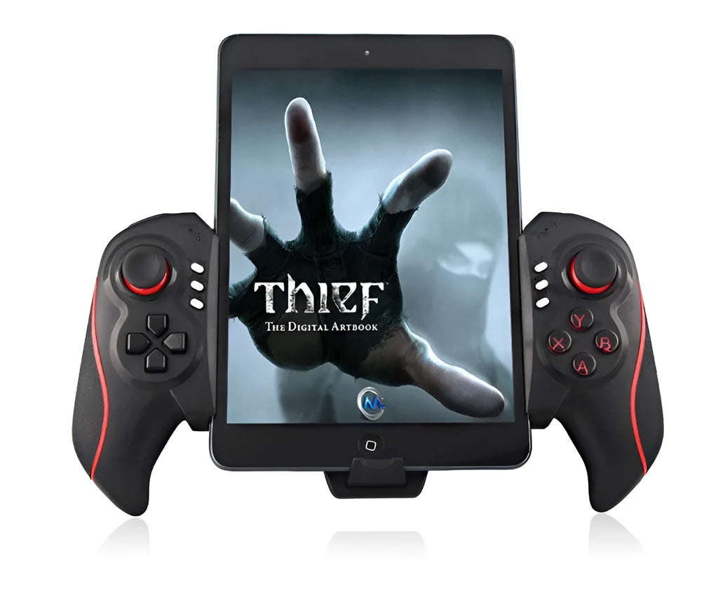 PG-9023 black telescopic wireless game controller holding a mobile phone