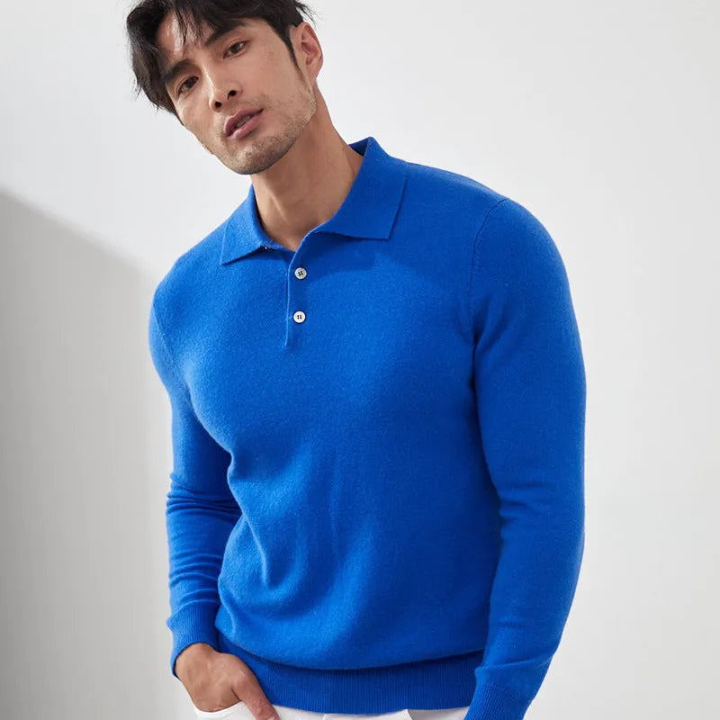 Men's sapphire blue cashmere polo collar pullover sweater with short sleeves on hanger