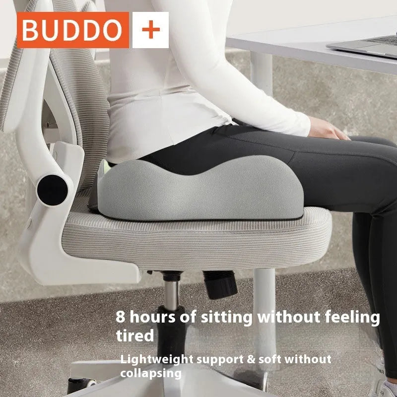 Solid-colour office seat cushion with memory foam for waist and tailbone support, shown in a blue and grey colour combination.